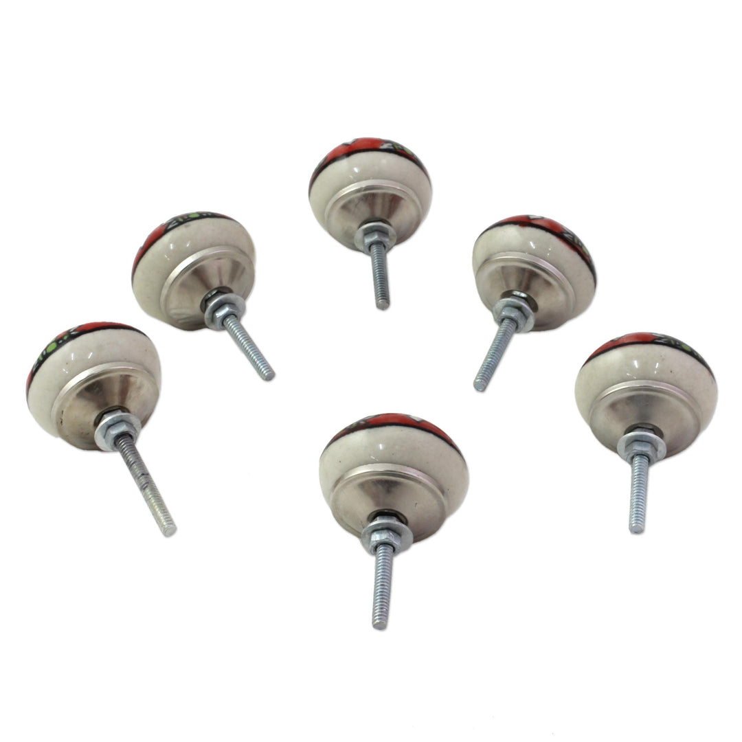 Ceramic Cabinet Knobs Floral Red (Set of 6) from India - Charming Red Flowers