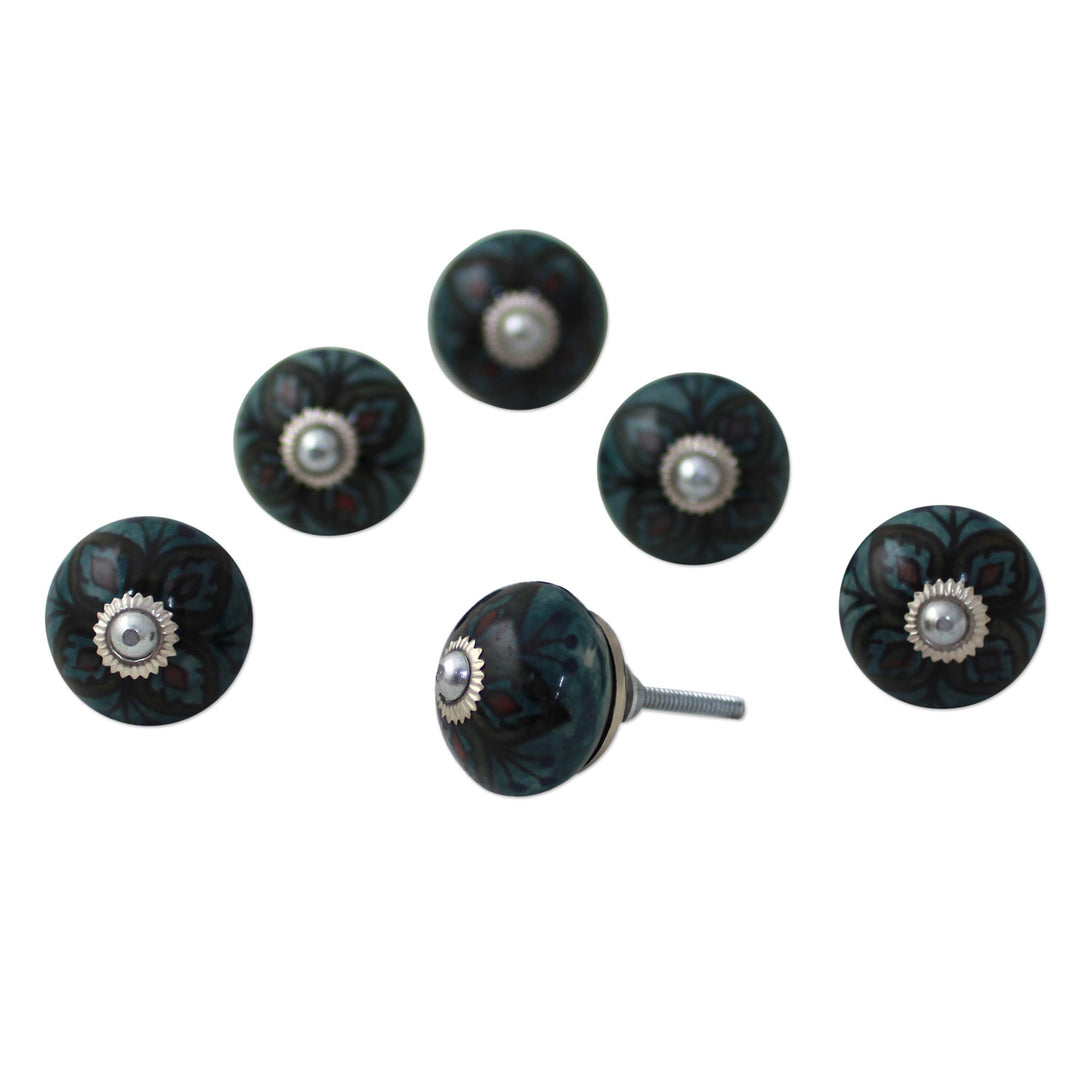 Ceramic Brass Cabinet Knobs Floral Green (Set of 6) India - Floral Helpers