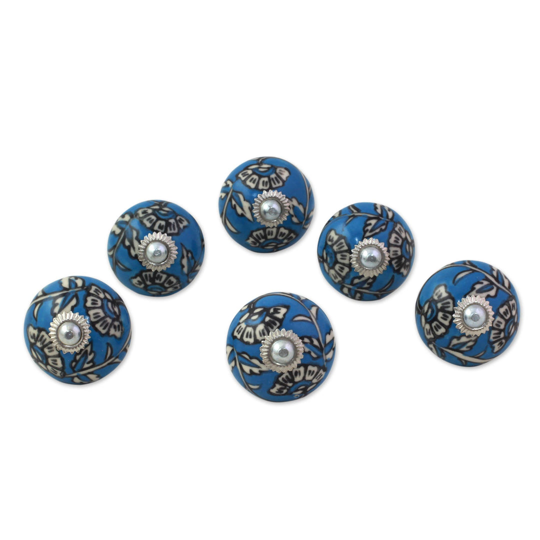 Ceramic Cabinet Knobs Floral Blue and White (Set of 6) India - Charming Blue Flowers