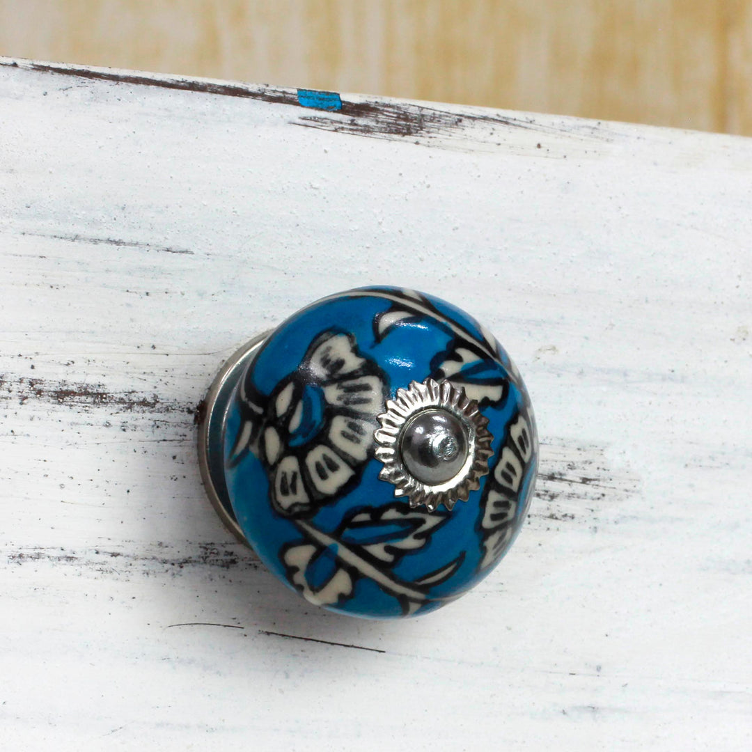 Ceramic Cabinet Knobs Floral Blue and White (Set of 6) India - Charming Blue Flowers