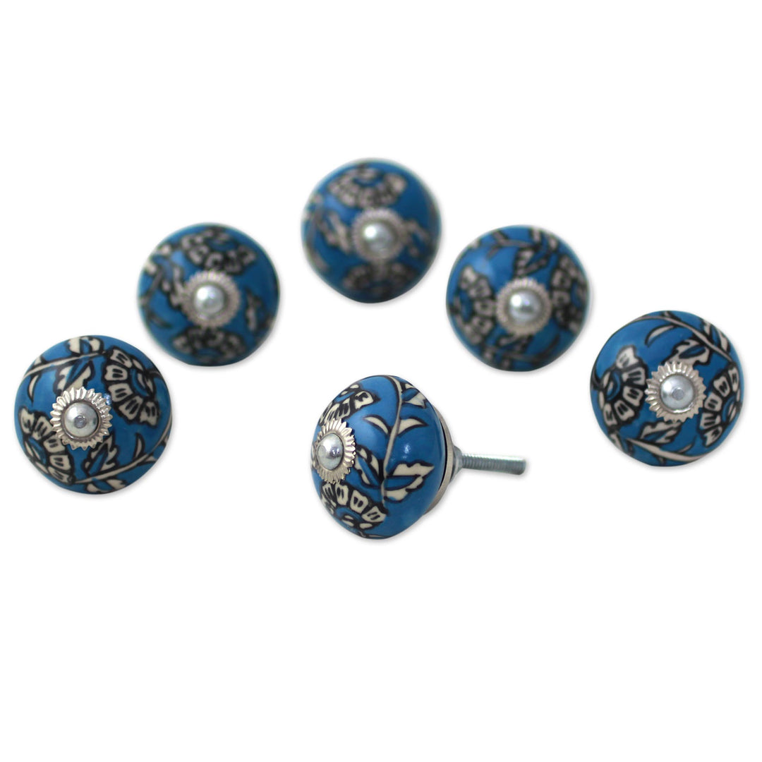 Ceramic Cabinet Knobs Floral Blue and White (Set of 6) India - Charming Blue Flowers