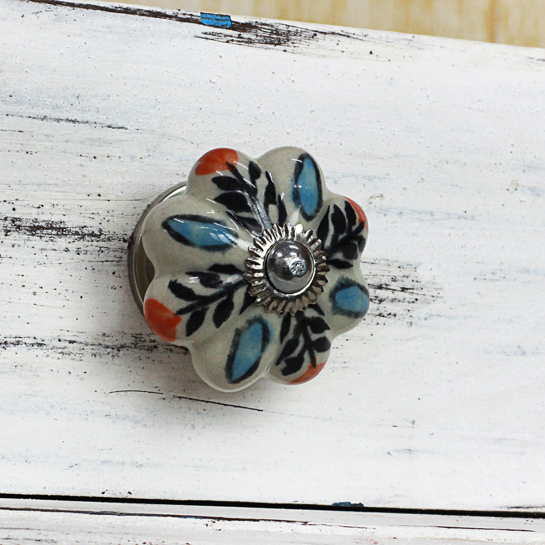 Hand Made Ceramic Cabinet Knobs Floral (Set of 6) India - Multicolored Flower Harmony