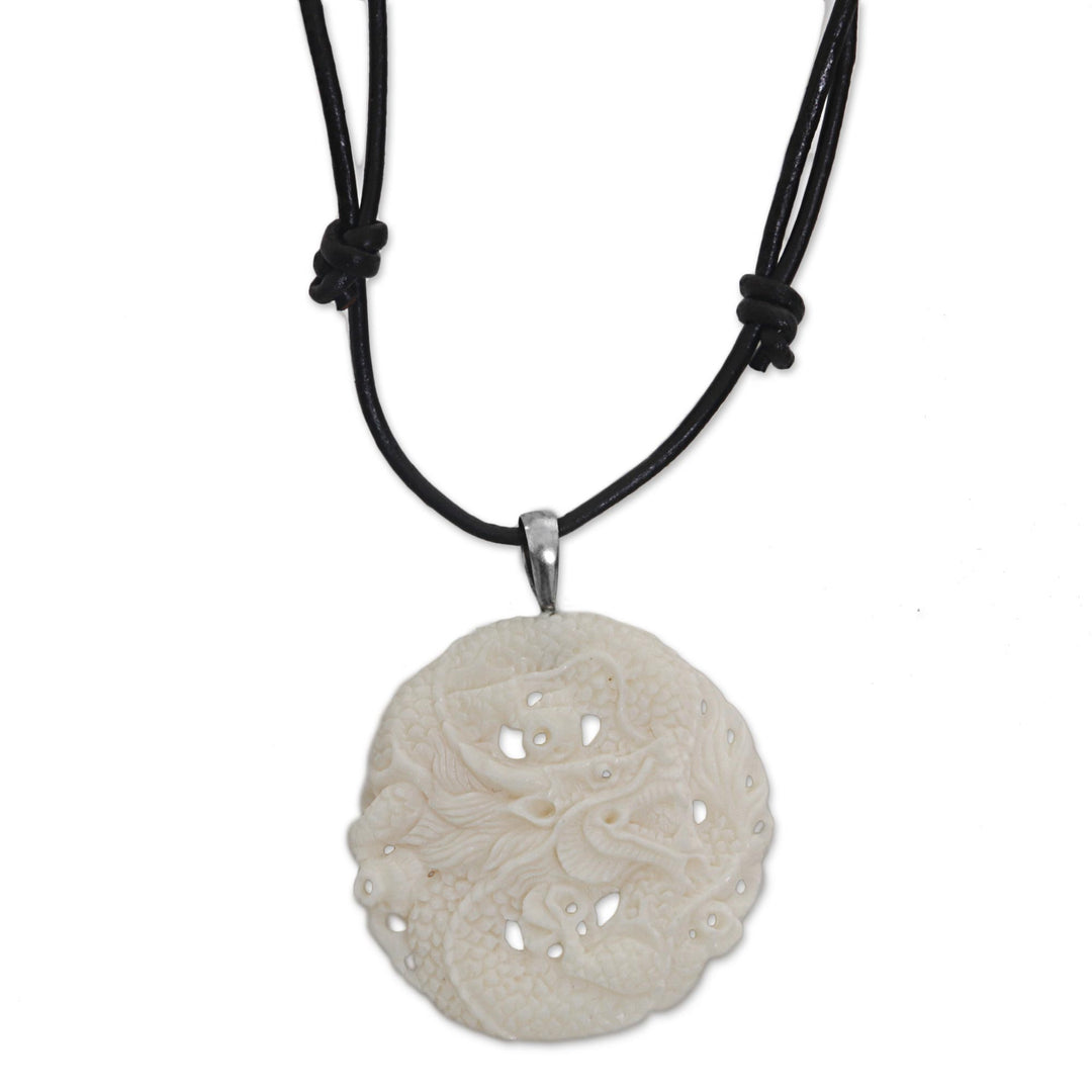 Hand Carved Bone Pendant Necklace Dragon from Indonesia - Guard Dragon