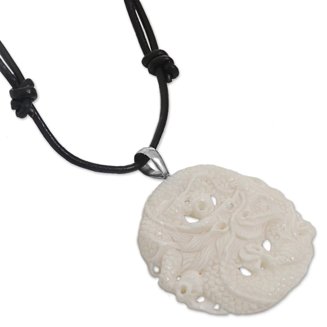Hand Carved Bone Pendant Necklace Dragon from Indonesia - Guard Dragon