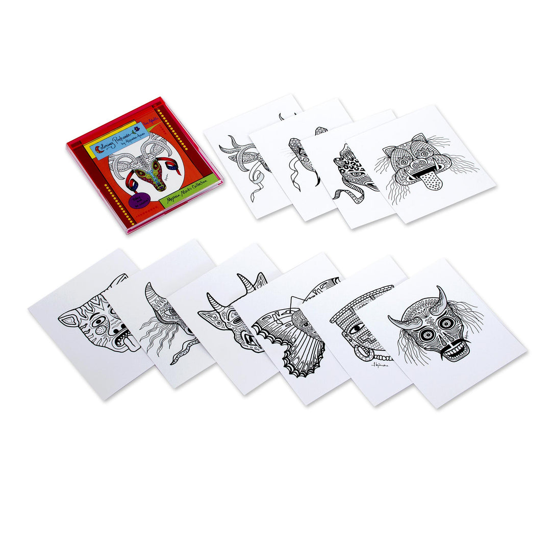 10 Coloring Postcards Set of Fantastical Mexican Masks - Mexican Masks Collection