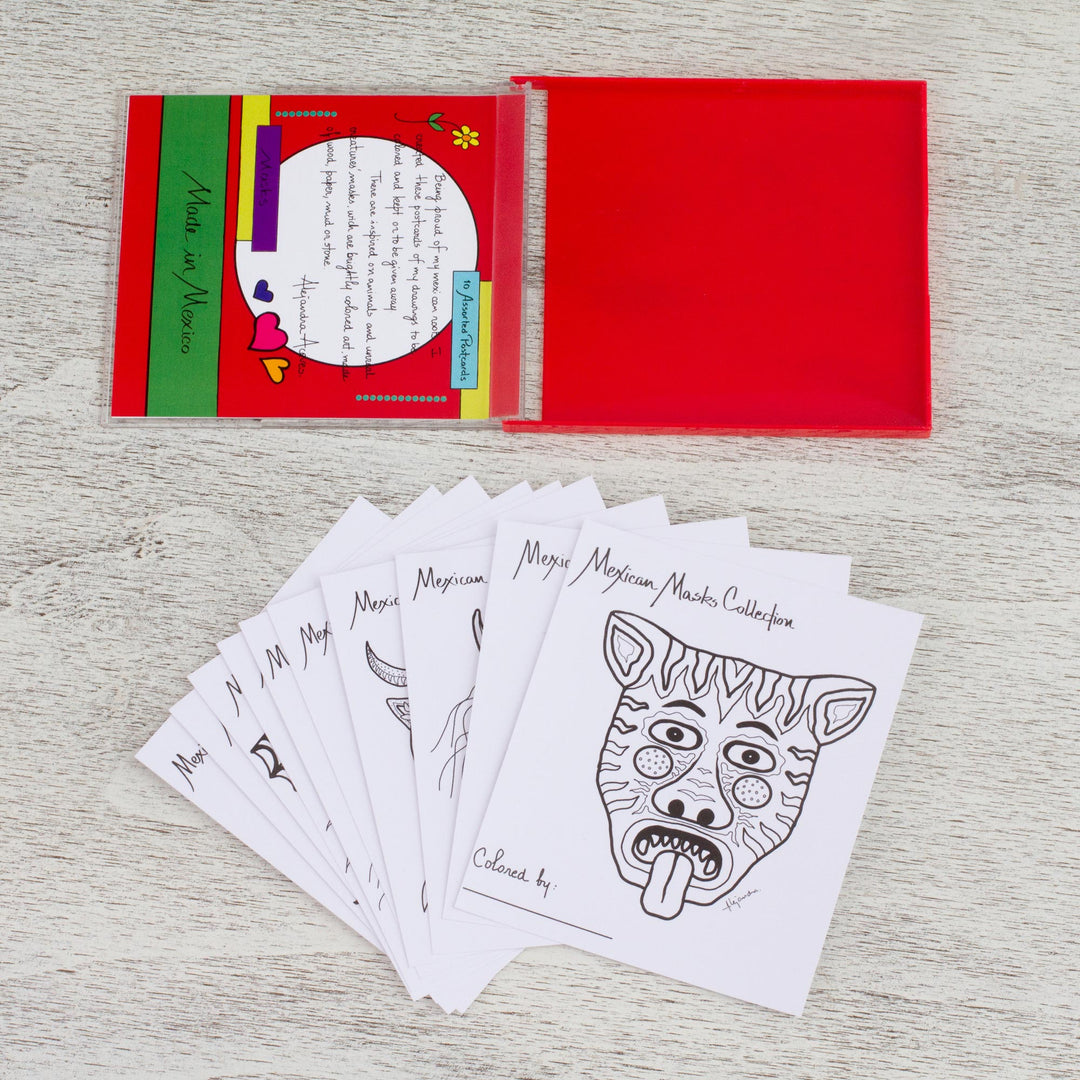 10 Coloring Postcards Set of Fantastical Mexican Masks - Mexican Masks Collection