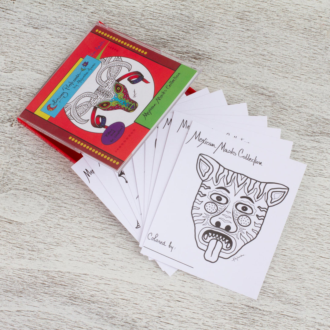 10 Coloring Postcards Set of Fantastical Mexican Masks - Mexican Masks Collection