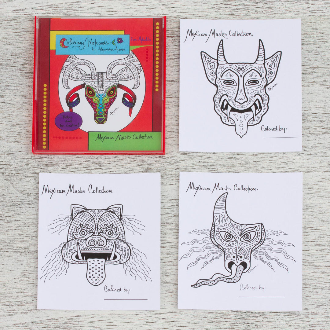 10 Coloring Postcards Set of Fantastical Mexican Masks - Mexican Masks Collection
