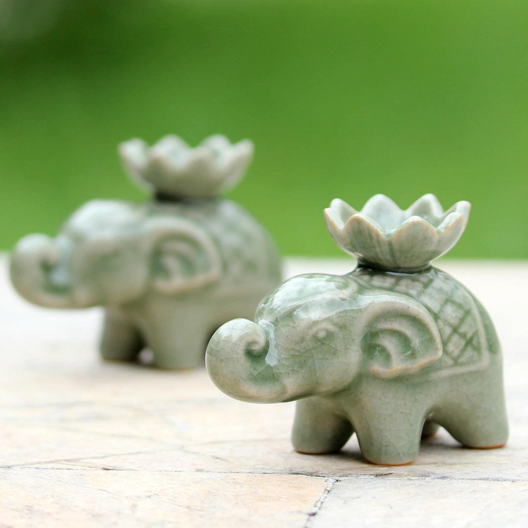 Elephant and Lotus Ceramic Incense Holders from Thailand (2) - Lotus Elephant