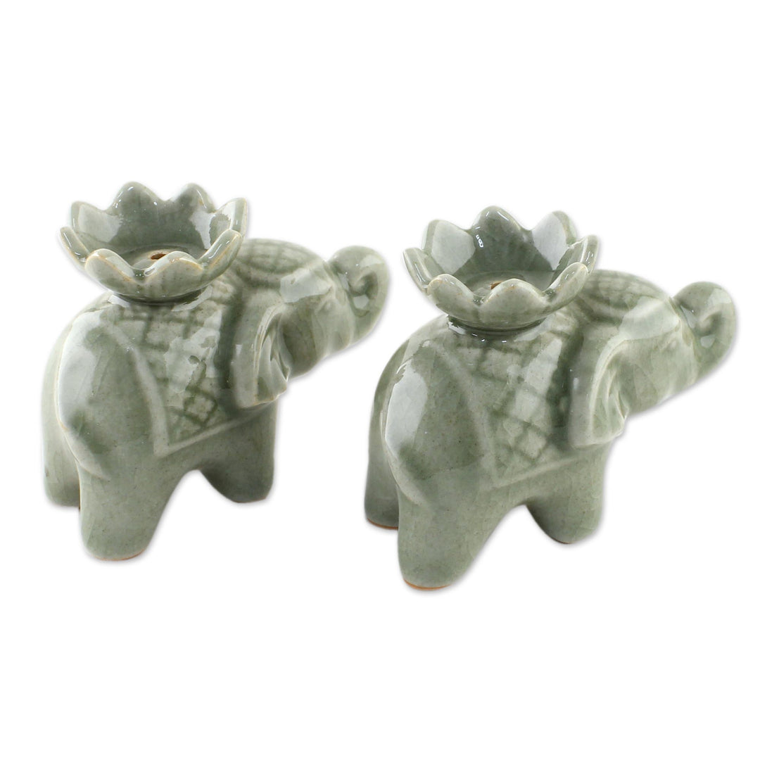 Elephant and Lotus Ceramic Incense Holders from Thailand (2) - Lotus Elephant