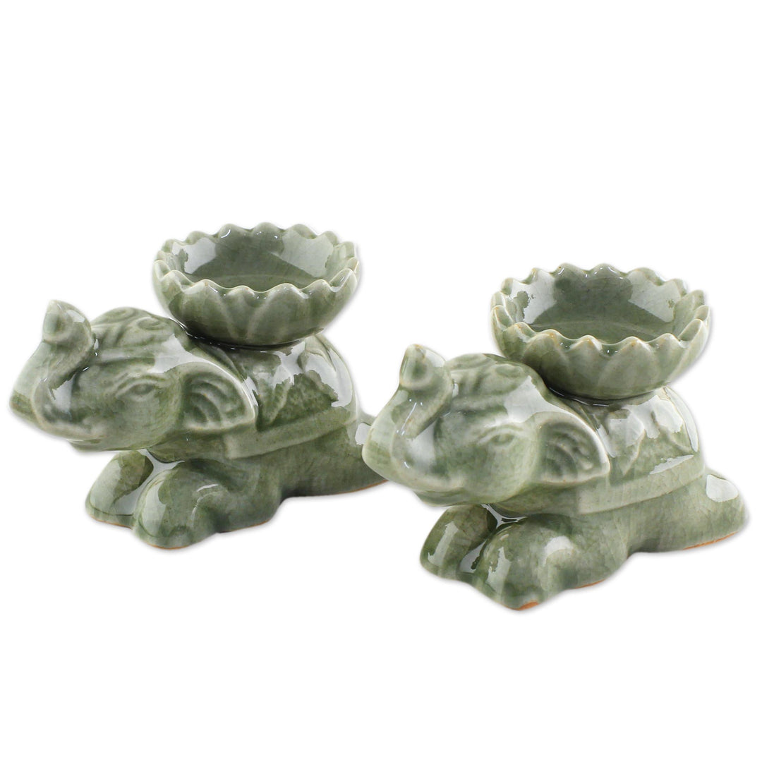 Green Ceramic Elephant Incense Holders (Pair) - Polite Elephants