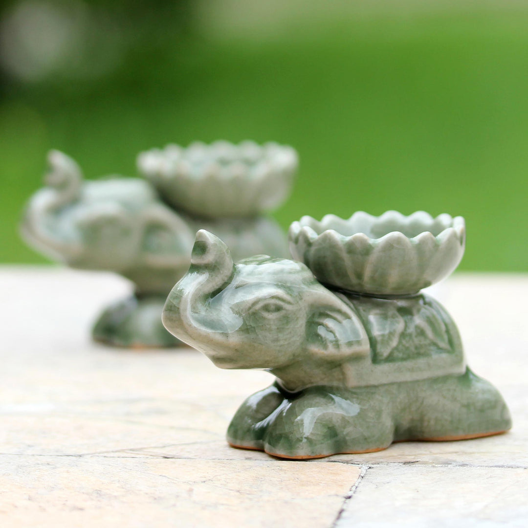 Green Ceramic Elephant Incense Holders (Pair) - Polite Elephants