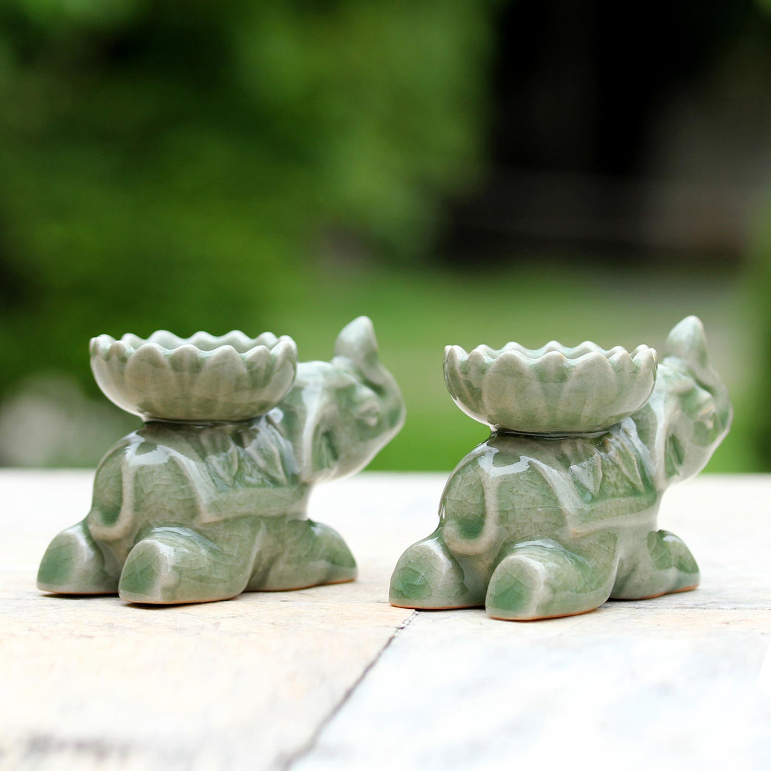 Green Ceramic Elephant Incense Holders (Pair) - Polite Elephants
