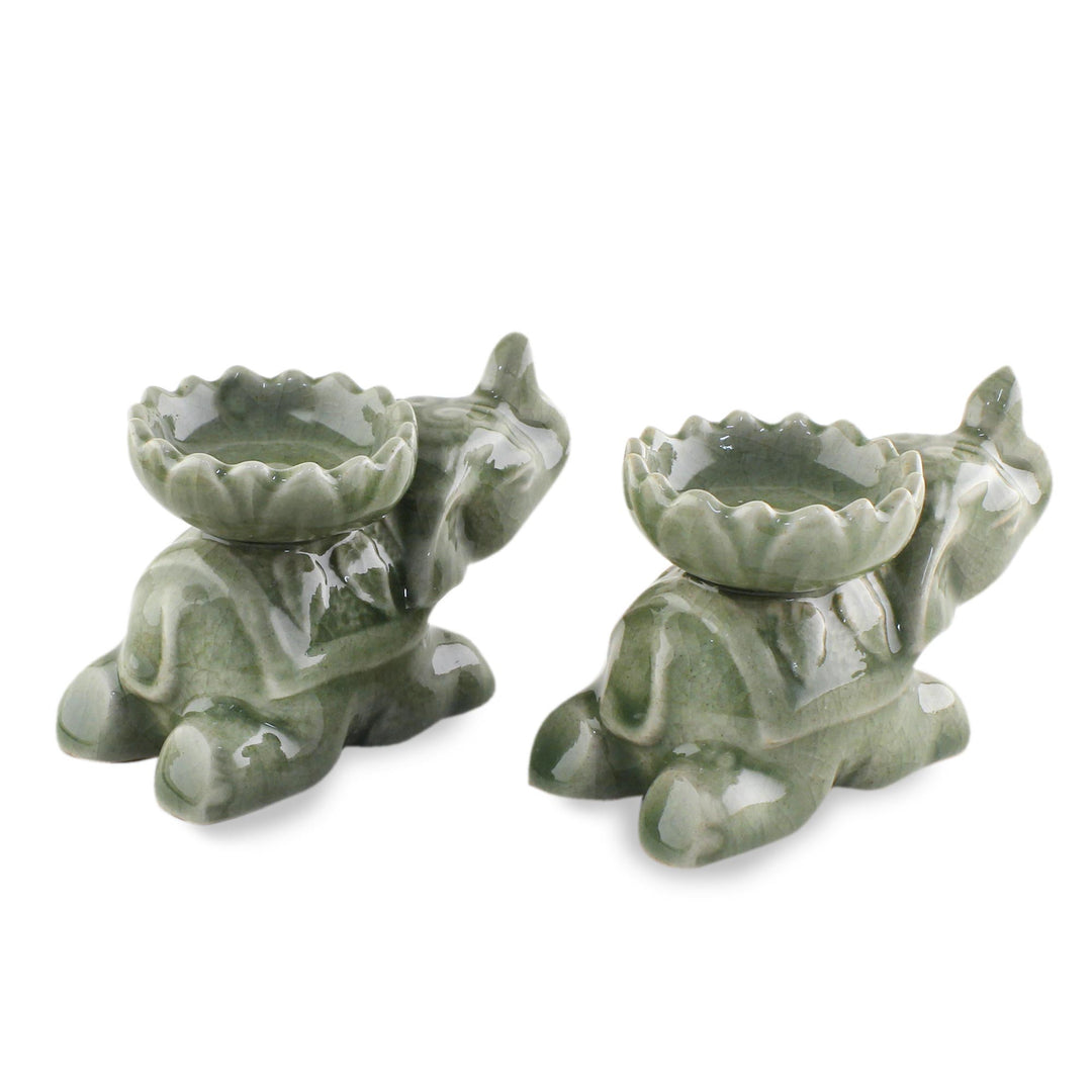 Green Ceramic Elephant Incense Holders (Pair) - Polite Elephants
