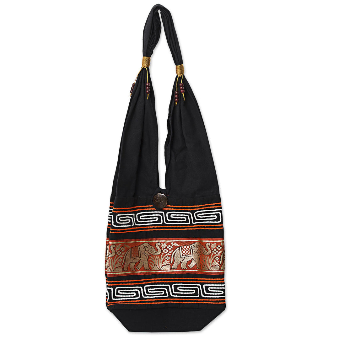 Cotton Blend Shoulder Bag Black Vermilion from Thailand - Thai Elephants in Vermilion