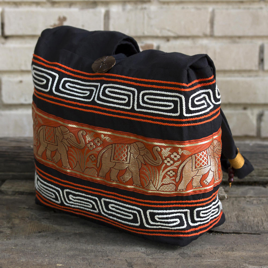 Cotton Blend Shoulder Bag Black Vermilion from Thailand - Thai Elephants in Vermilion