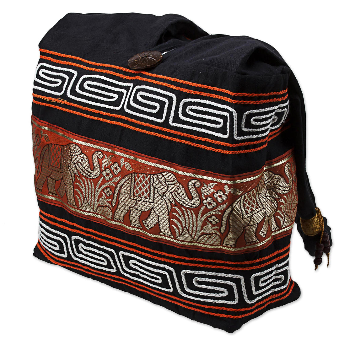 Cotton Blend Shoulder Bag Black Vermilion from Thailand - Thai Elephants in Vermilion