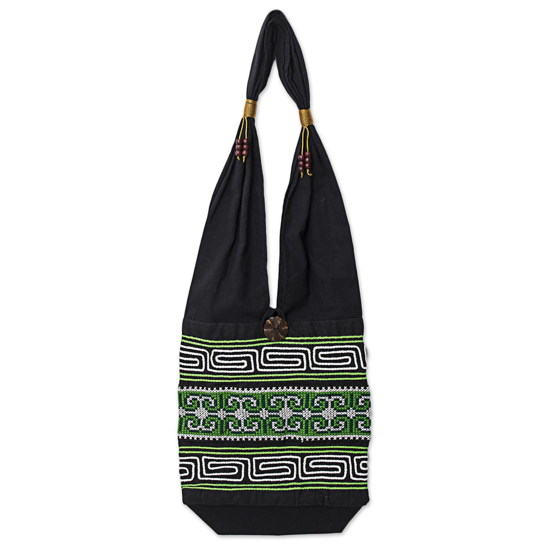100% Cotton Green Black Embroidered Shoulder Bag Thailand - Forest Colors