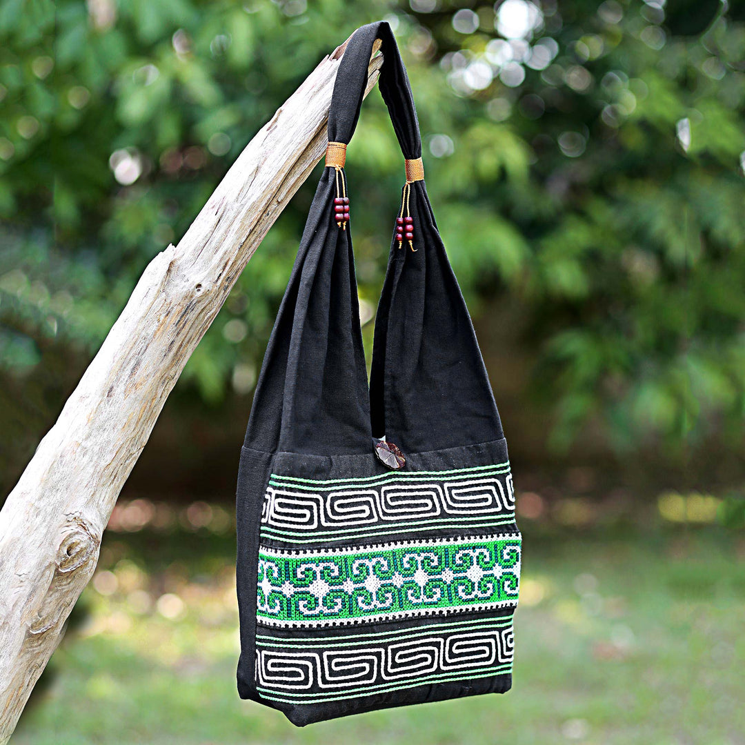 100% Cotton Green Black Embroidered Shoulder Bag Thailand - Forest Colors