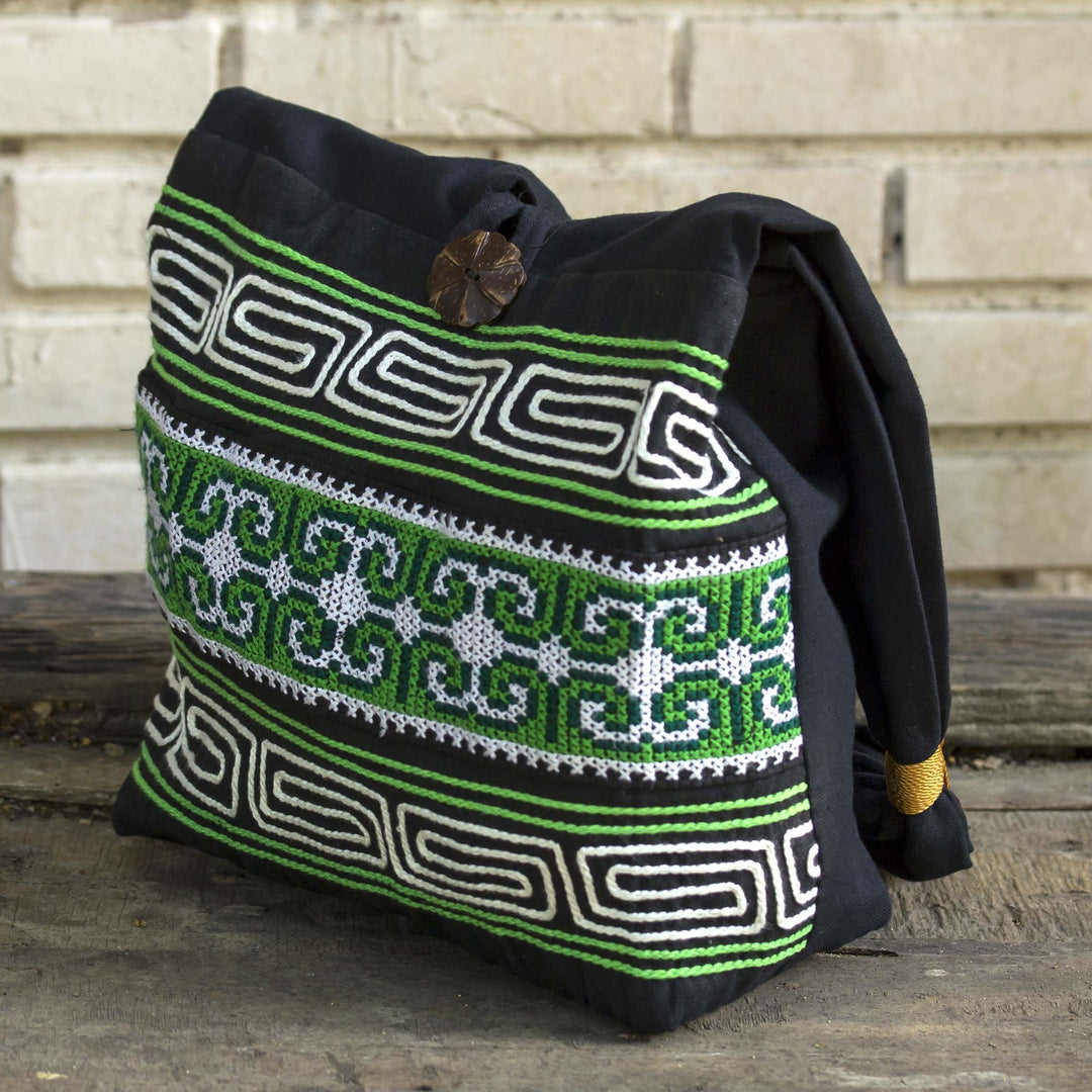 100% Cotton Green Black Embroidered Shoulder Bag Thailand - Forest Colors