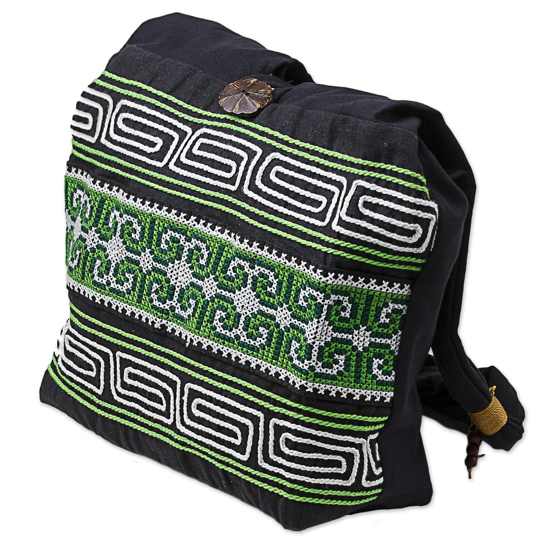 100% Cotton Green Black Embroidered Shoulder Bag Thailand - Forest Colors