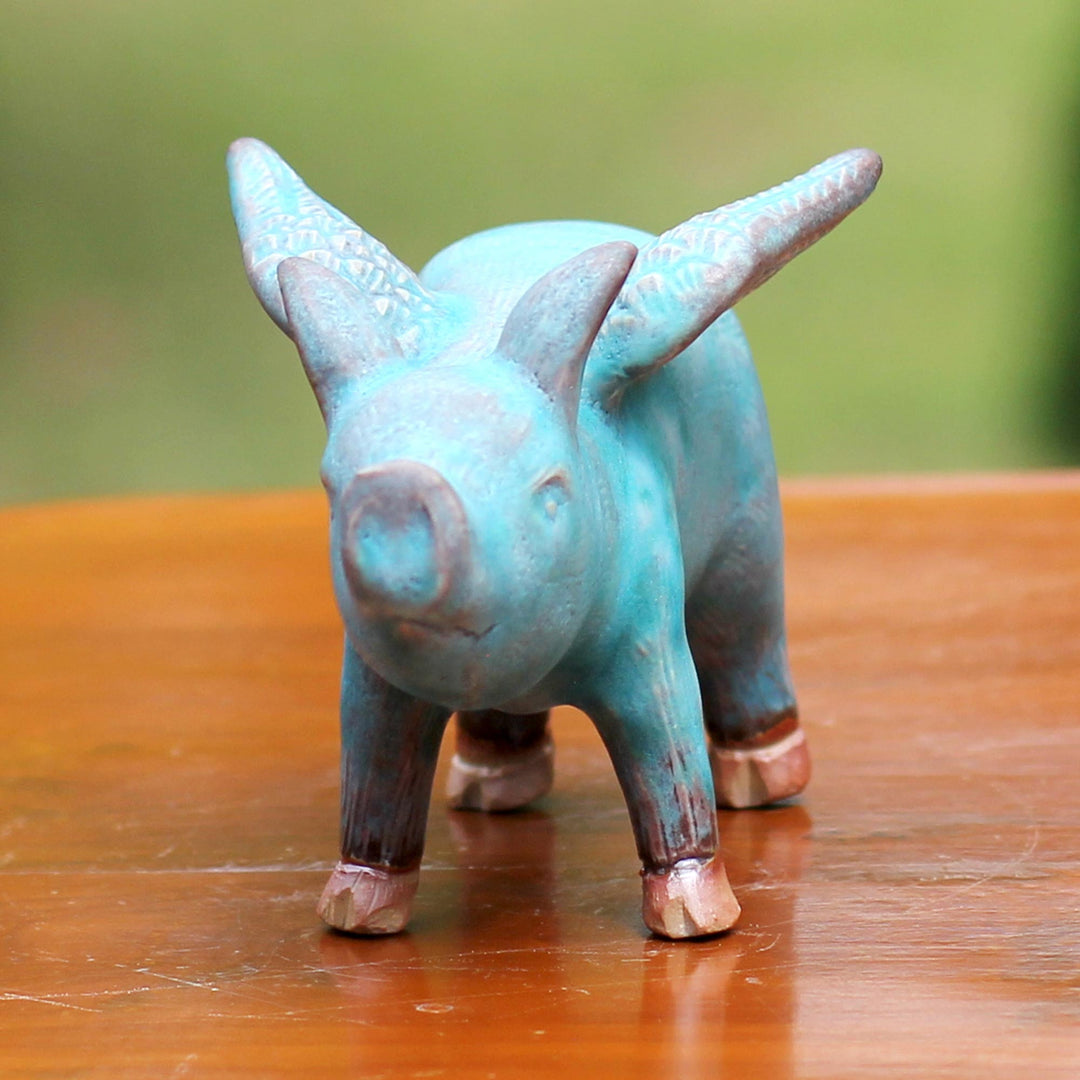 Ceramic Figurine of a Winged Blue Pig from Thailand - Blue Flying Pig