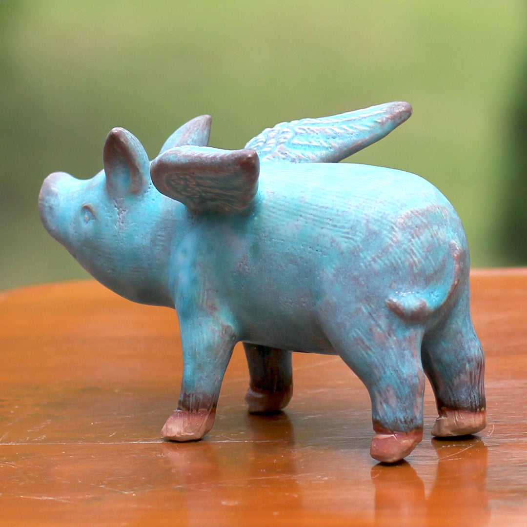 Ceramic Figurine of a Winged Blue Pig from Thailand - Blue Flying Pig