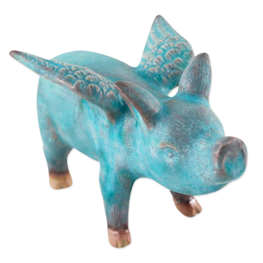 Ceramic Figurine of a Winged Blue Pig from Thailand - Blue Flying Pig