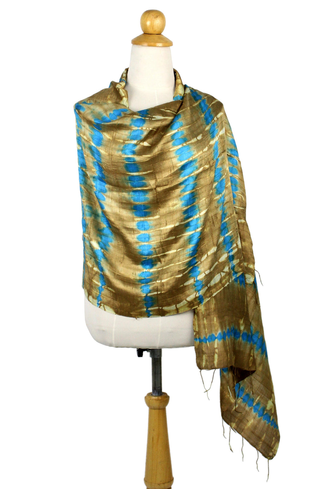 Tie-Dyed Silk Shawl in Sand and Cyan Stripes from Thailand - Shifting Sands