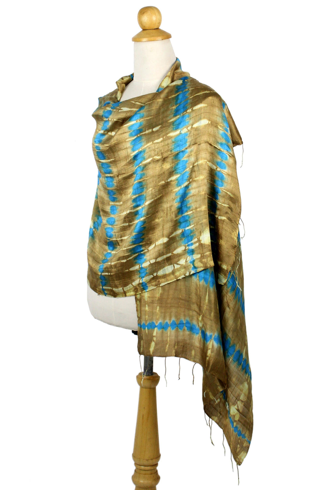 Tie-Dyed Silk Shawl in Sand and Cyan Stripes from Thailand - Shifting Sands
