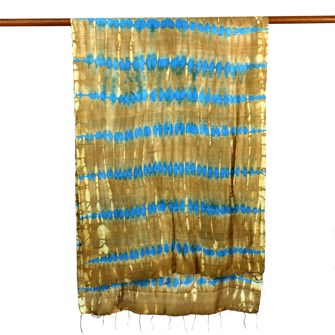 Tie-Dyed Silk Shawl in Sand and Cyan Stripes from Thailand - Shifting Sands