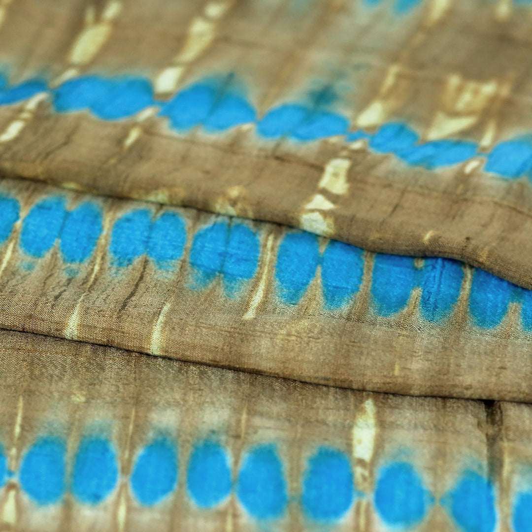 Tie-Dyed Silk Shawl in Sand and Cyan Stripes from Thailand - Shifting Sands