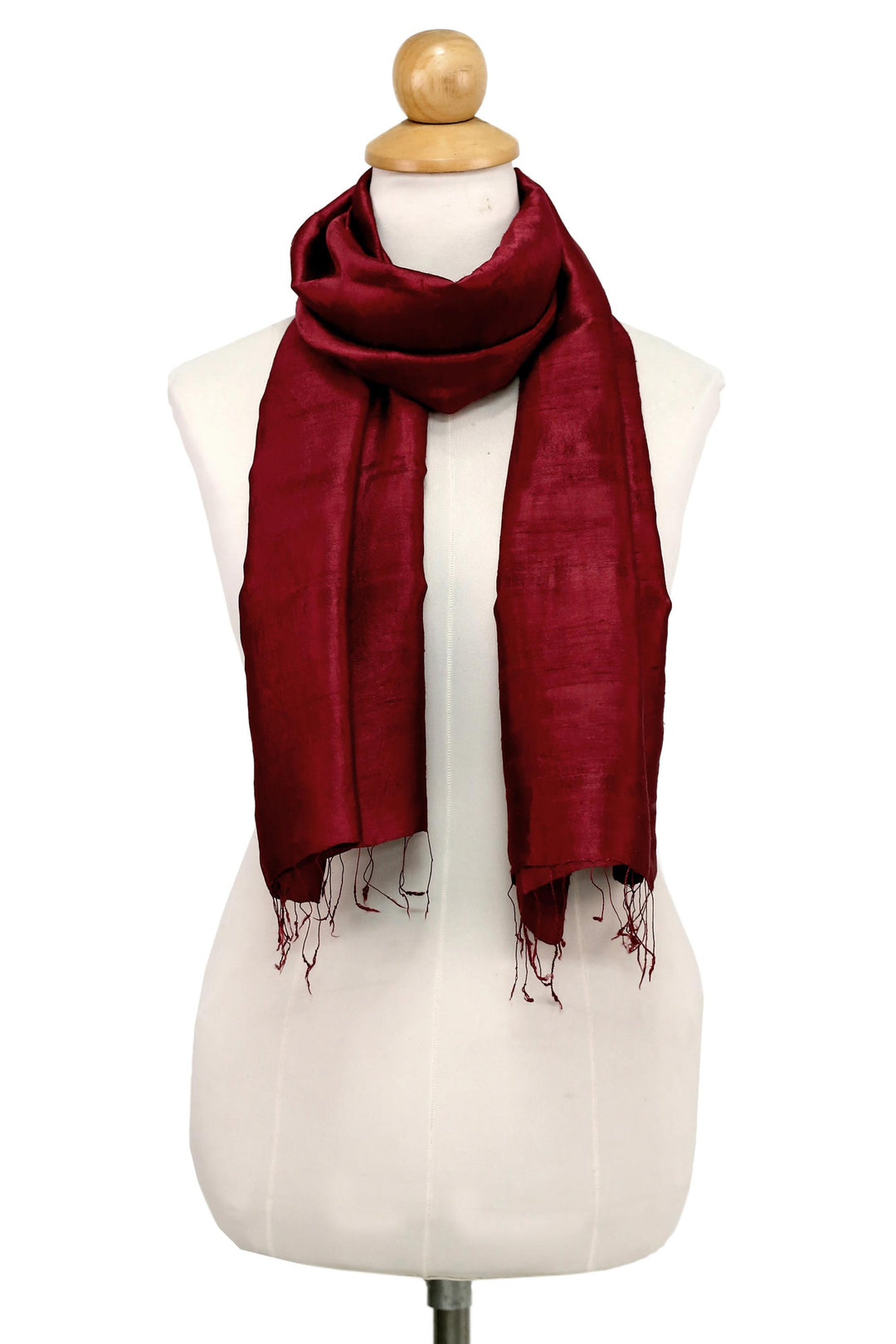 Hand Woven Fringed Silk Scarf in Crimson from Thailand - Shimmering Crimson