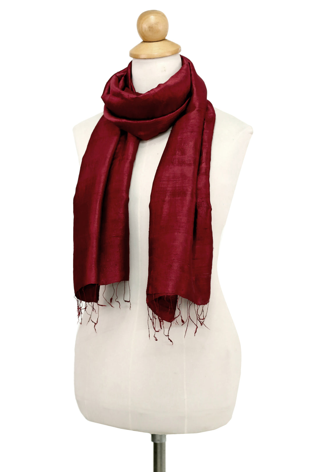 Hand Woven Fringed Silk Scarf in Crimson from Thailand - Shimmering Crimson