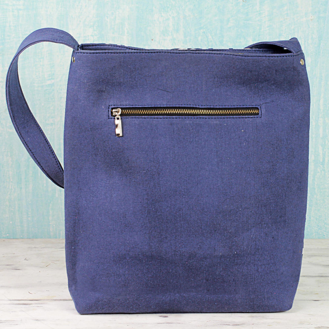 100% Cotton Embroidered Shoulder Handbag from India - Midnight Blue Elegance