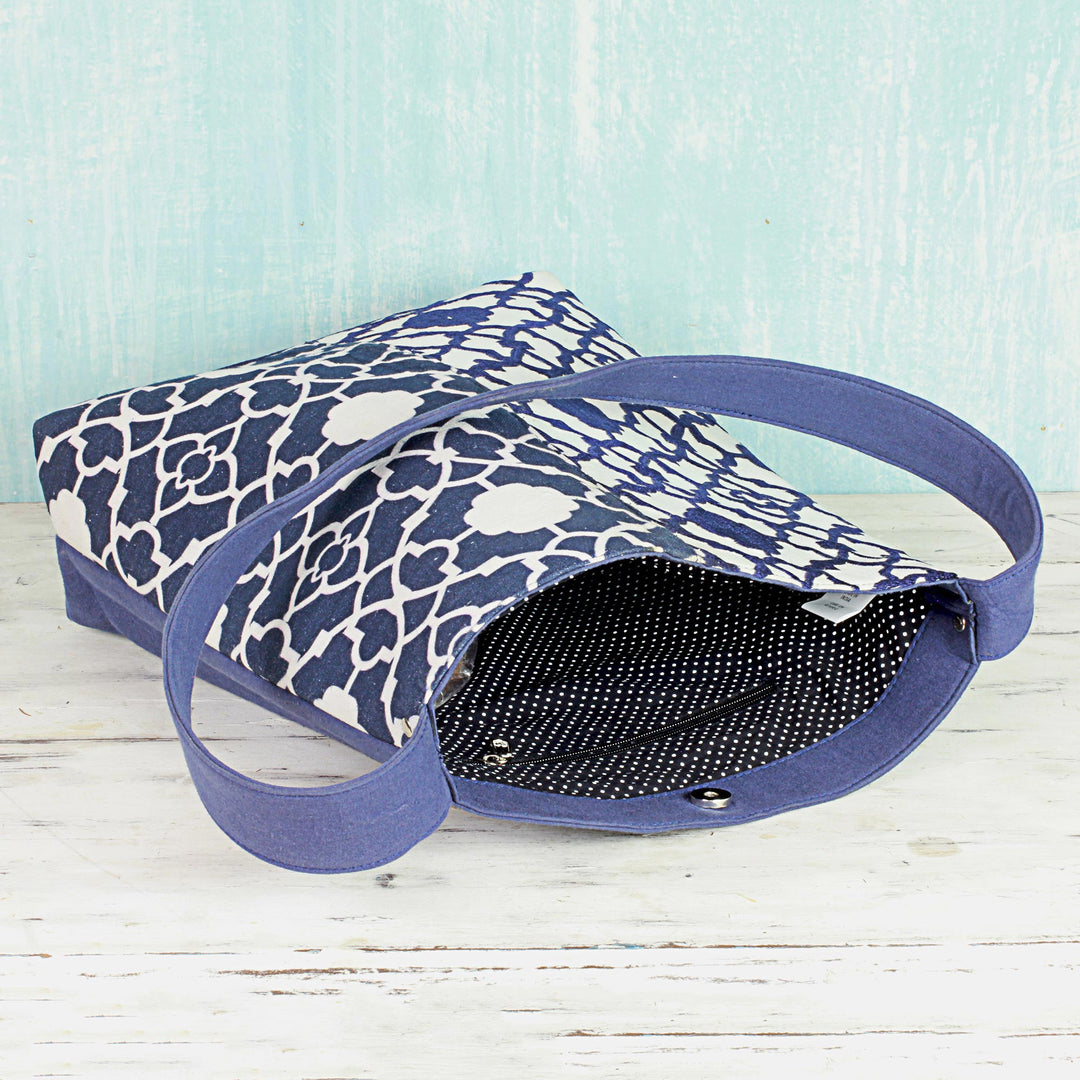 100% Cotton Embroidered Shoulder Handbag from India - Midnight Blue Elegance