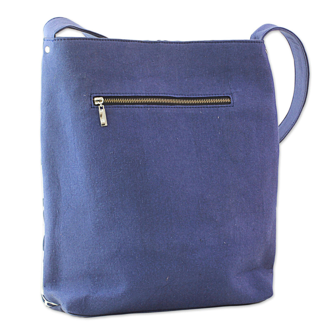 100% Cotton Embroidered Shoulder Handbag from India - Midnight Blue Elegance