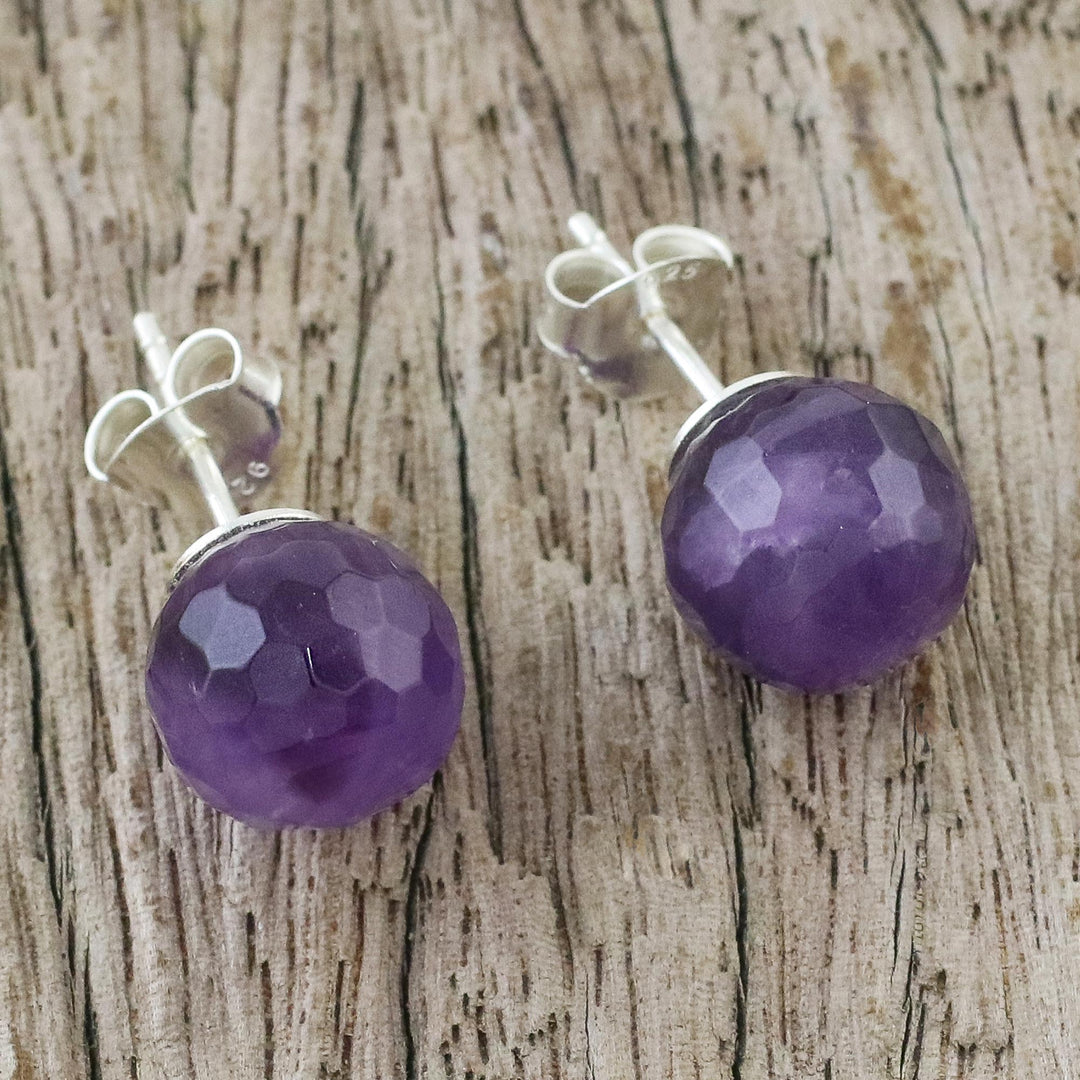 Sterling Silver and Amethyst Stud Earrings from Thailand - Magical Orbs