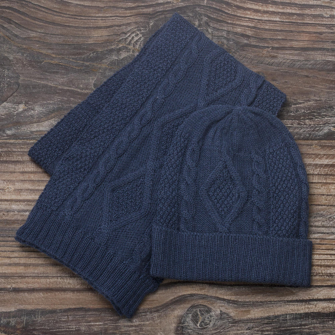 Knitted Unisex Scarf in Azure 100% Alpaca from Peru - Antique Cable Knit
