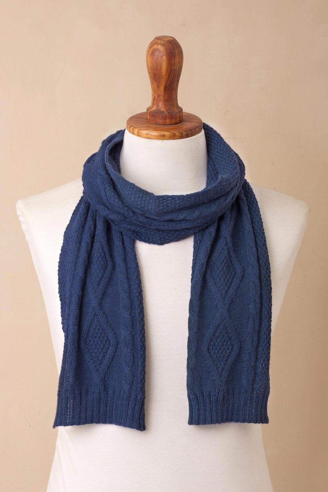 Knitted Unisex Scarf in Azure 100% Alpaca from Peru - Antique Cable Knit