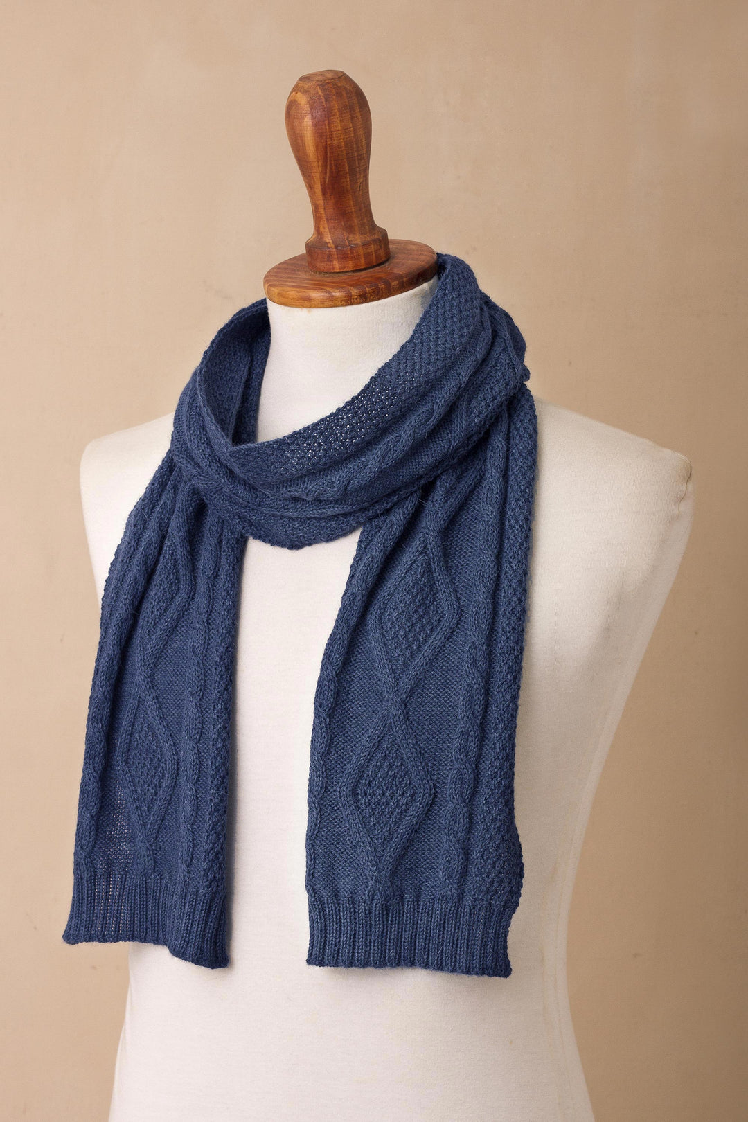 Knitted Unisex Scarf in Azure 100% Alpaca from Peru - Antique Cable Knit