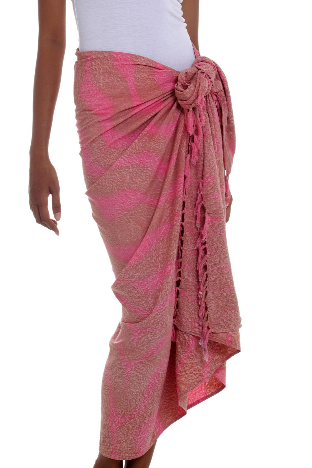 Handmade Pink and Brown Rayon Sarong from Indonesia - Coral Flow