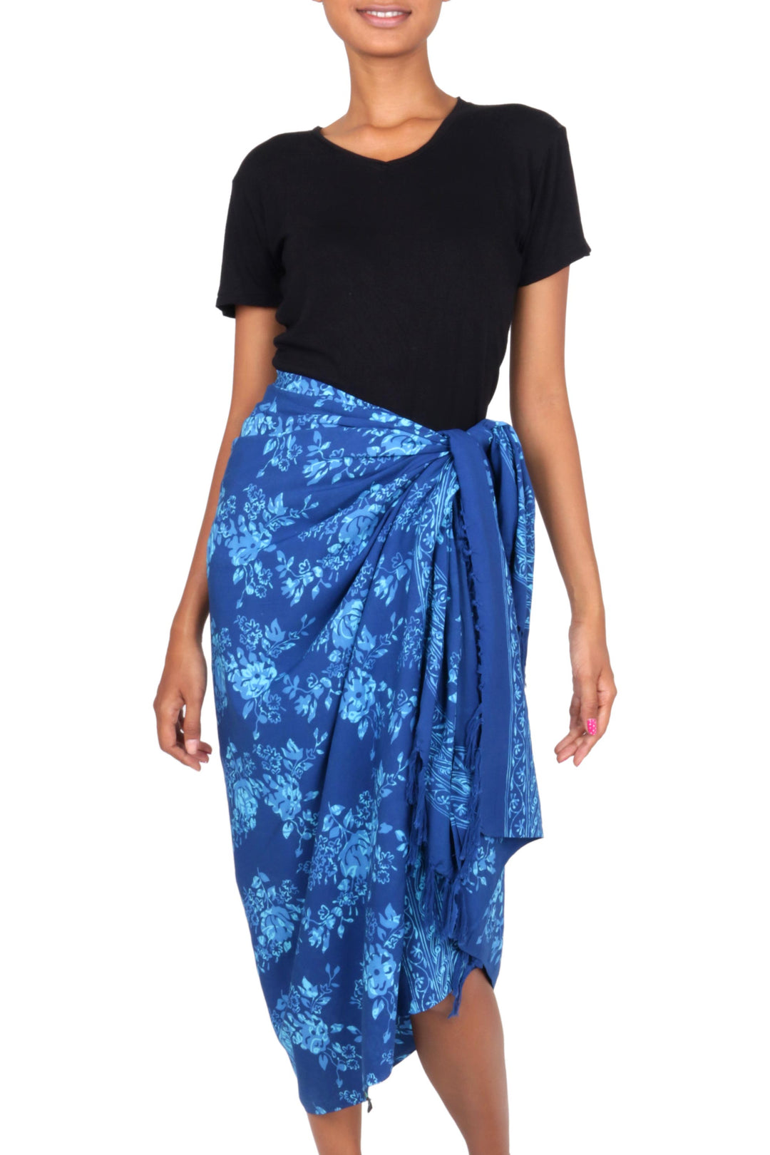 Hand Stamped Blue Batik Sarong in 100% Rayon - Blue Rose