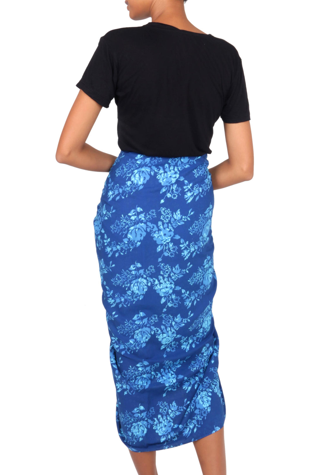 Hand Stamped Blue Batik Sarong in 100% Rayon - Blue Rose