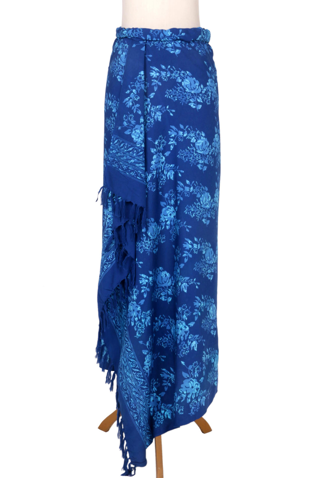 Hand Stamped Blue Batik Sarong in 100% Rayon - Blue Rose