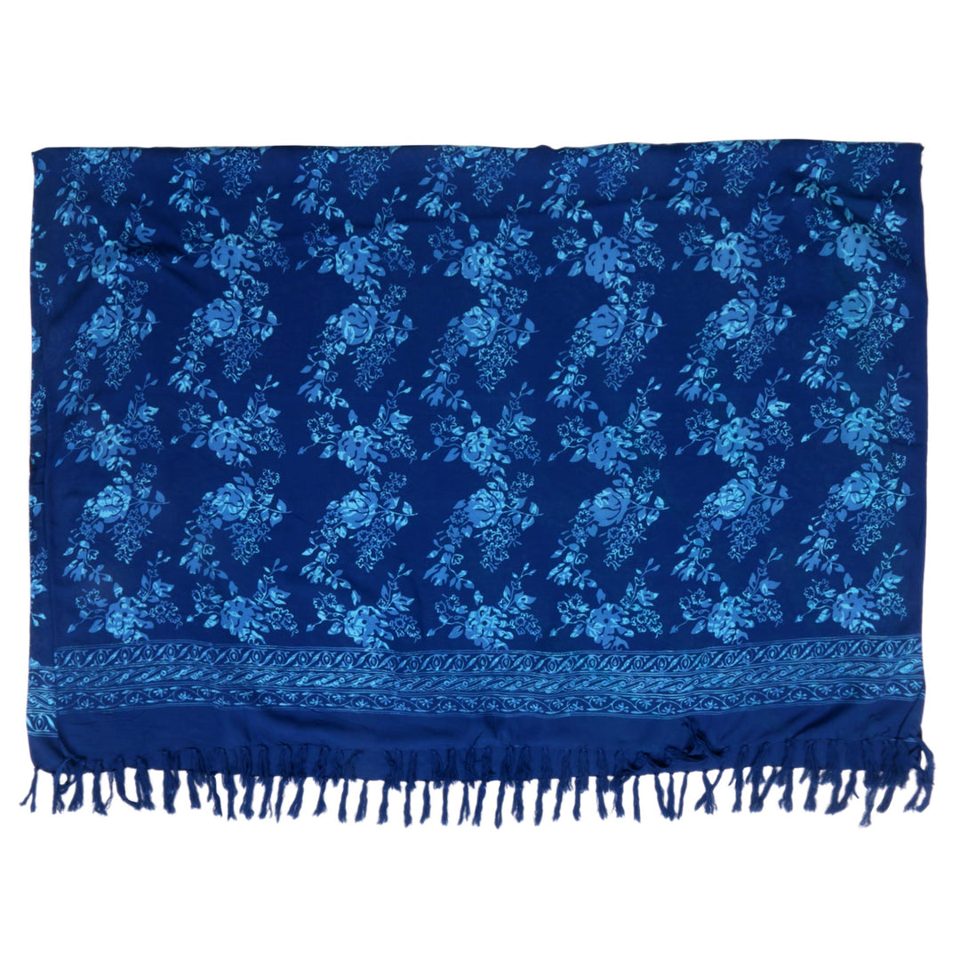 Hand Stamped Blue Batik Sarong in 100% Rayon - Blue Rose