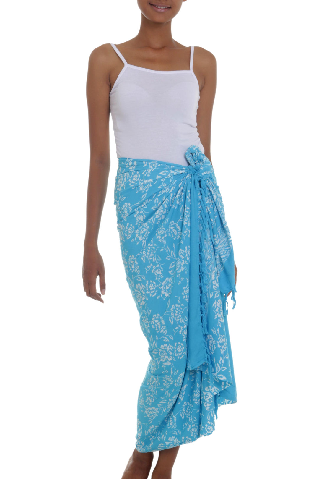 Cerulean Blue Rayon Batik Sarong with Fringed Ends - Tropical Garden in Cerulean