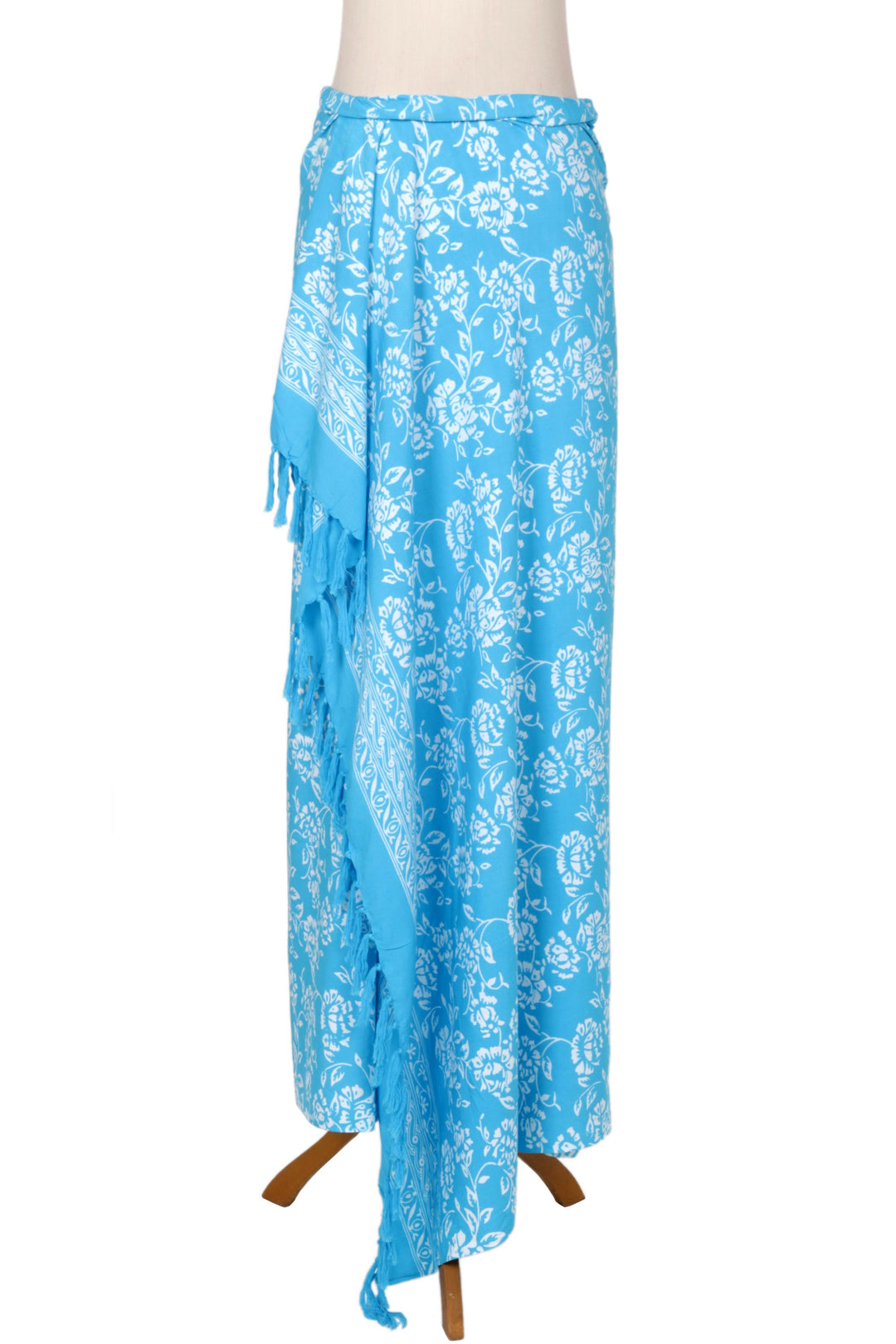 Cerulean Blue Rayon Batik Sarong with Fringed Ends - Tropical Garden in Cerulean
