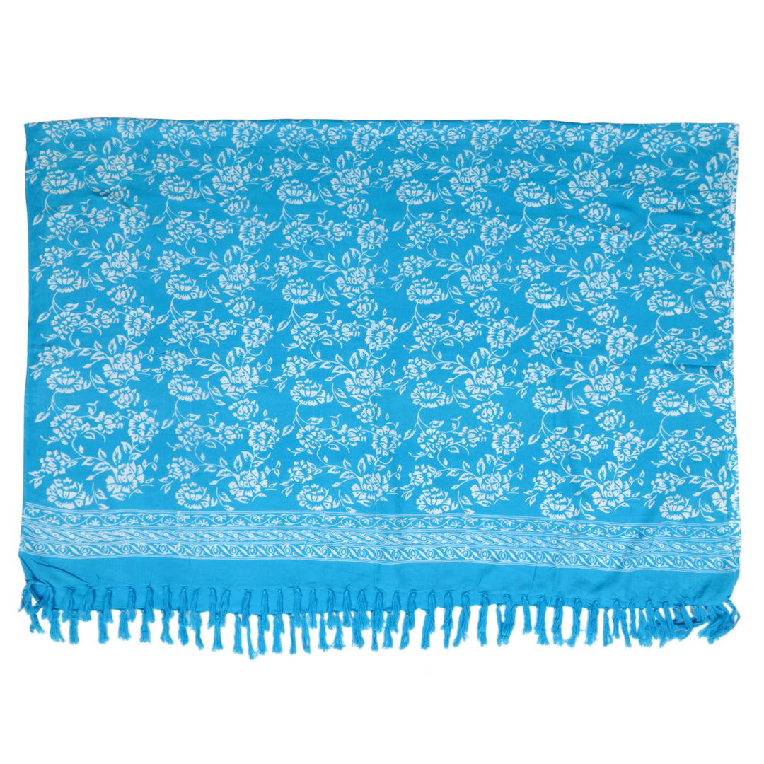 Cerulean Blue Rayon Batik Sarong with Fringed Ends - Tropical Garden in Cerulean