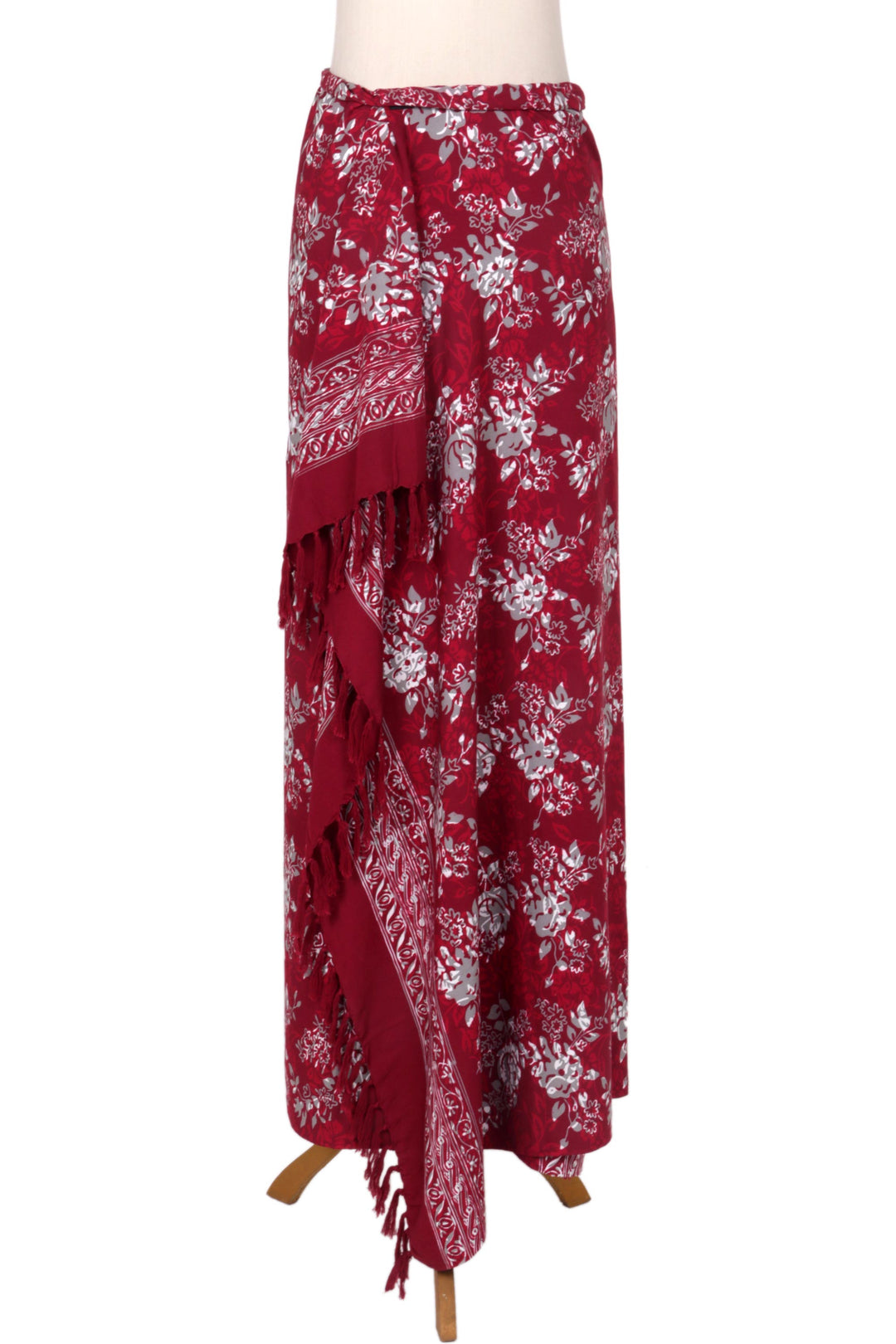 Red Floral Rayon Sarong with Hand Stamped Batik Pattern - Tropical Garden in Claret